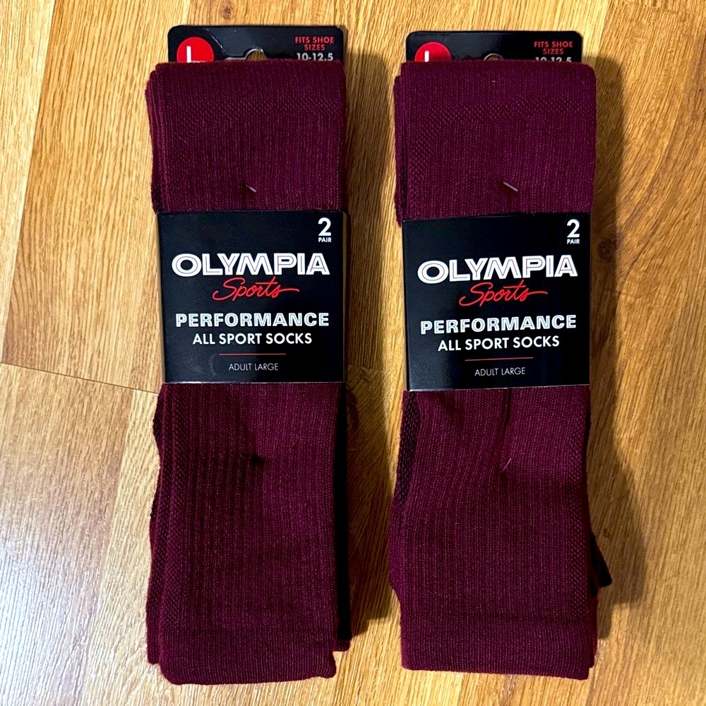 Men's burgundy Athletic All Sports Performance Socks L (2-pack lot-total 4 pr)
